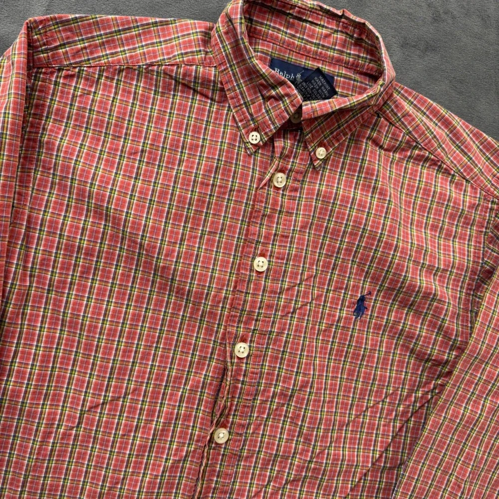 Ralph Lauren Boys Red Green Plaid Button Down Shirt Size S 8/10 Cotton LS
